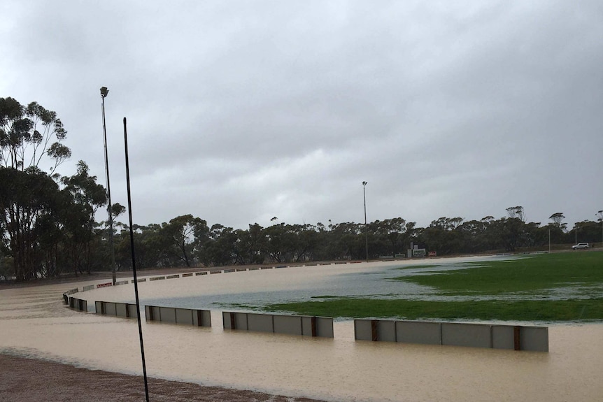 Gnowangerup football oval inundated with water after heavy rain.