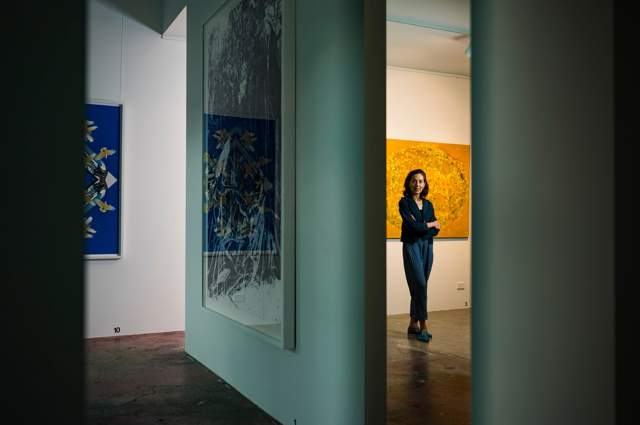 A brunette woman in her early 60s stands in a gallery 