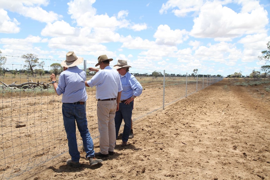 Sandy Williams, Longreach Regional Council Mayor Ed Warren and Wild Dog Fencing Commissioner Vaughan Johnson inspect the fence.