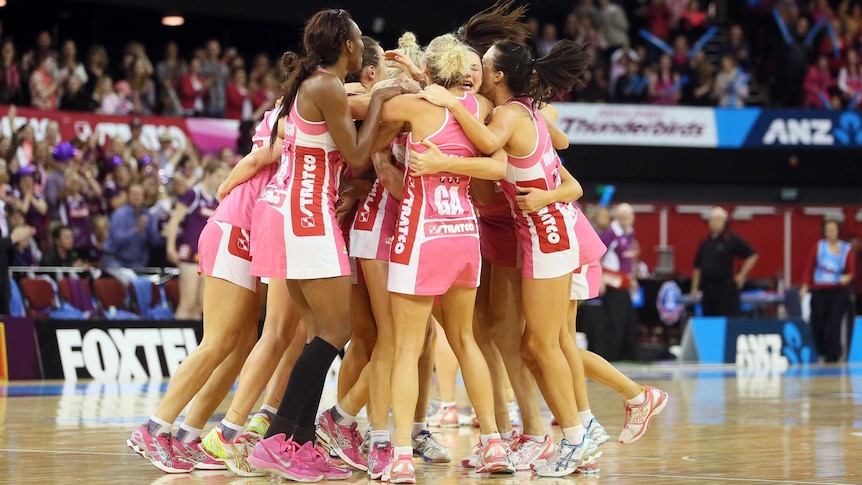 Adelaide Thunderbirds celebrate their win in the trans-Tasman grand final.