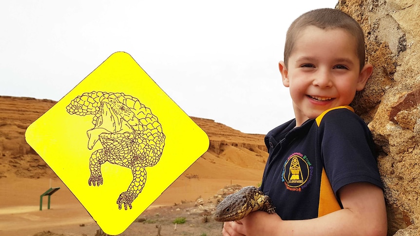 A six-year-old boy with short brown hair leans against a rock while holding a Shingleback lizard.
