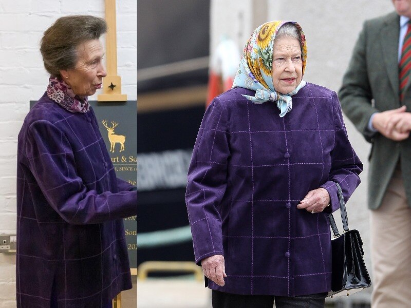 Two side by side photos of Princess Anne and Queen Elizabeth II wearing the same purple checked coat