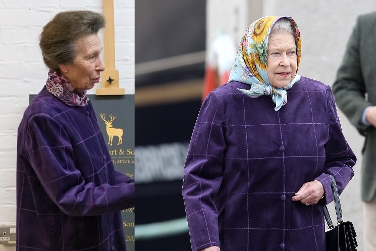 Two side by side photos of Princess Anne and Queen Elizabeth II wearing the same purple checked coat
