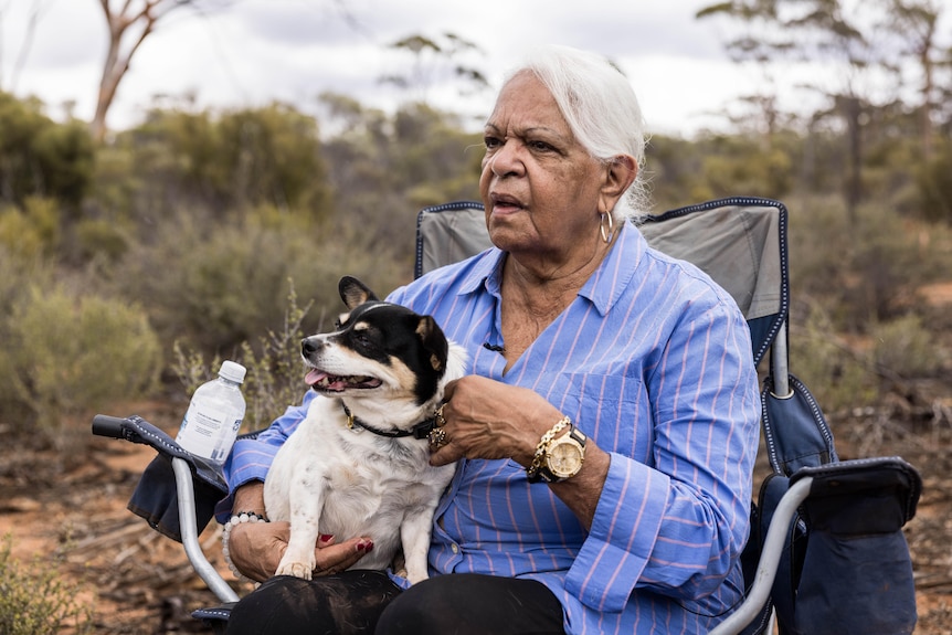 She has white hair and sits in a deckchair, with a small, white, black and brown dog on her lap
