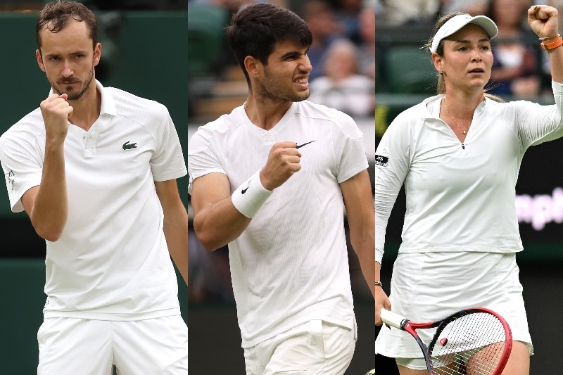 Composite image of Daniil Medvedev (left), Carlos Alcaraz (centee) and Donna Vekić at Wimbledon.