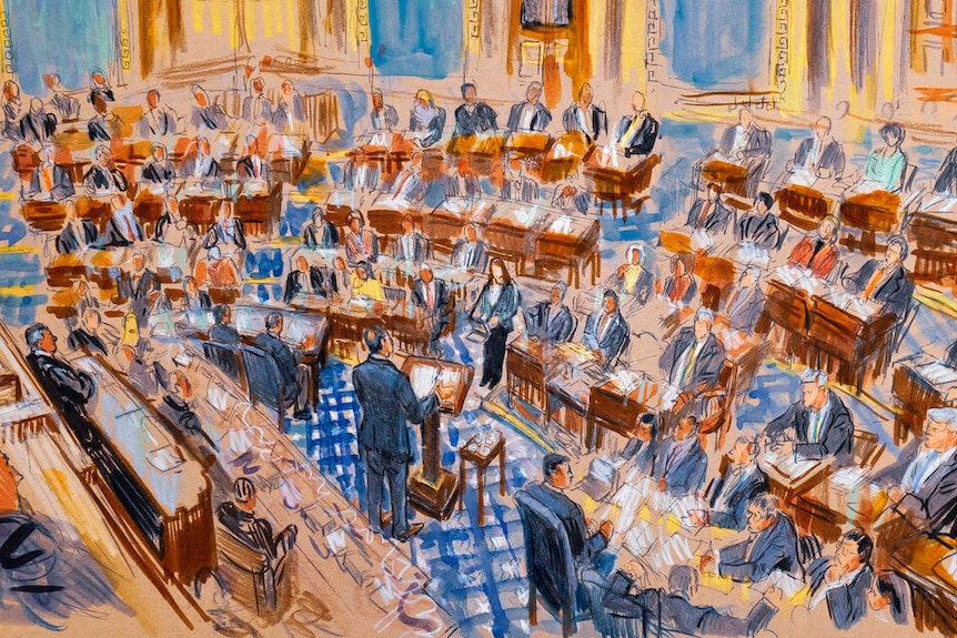 This artist sketch depicts White House counsel Pat Cipollone speaking in the Senate chamber during the impeachment trial.