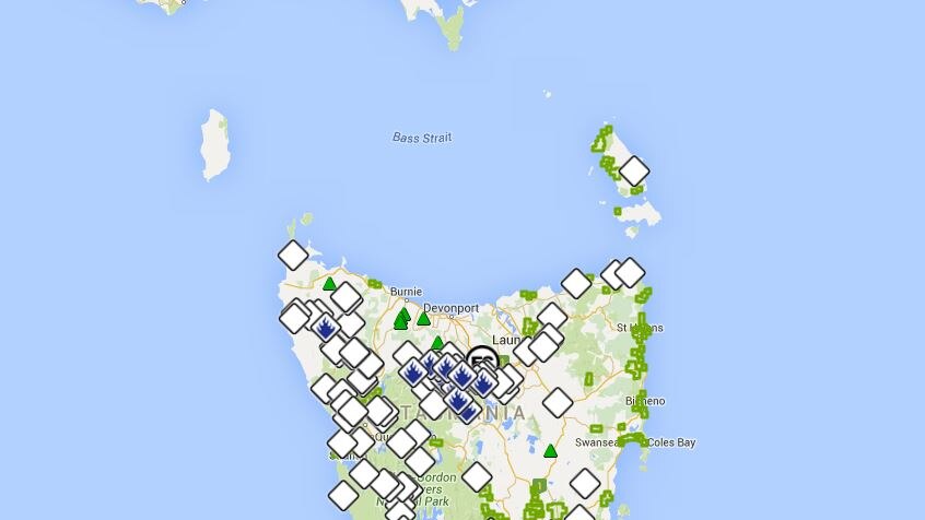 A map showing where the fires are in Tasmania today.