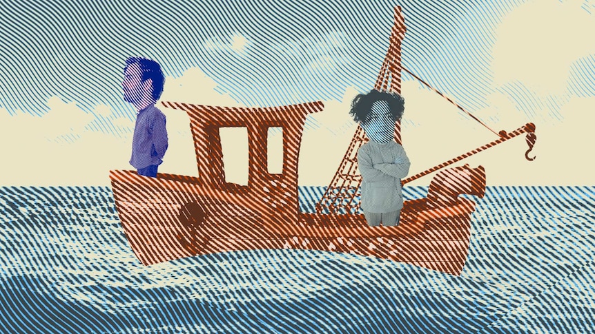 Illustrated scene of Cale and Nat on a boat in the ocean.