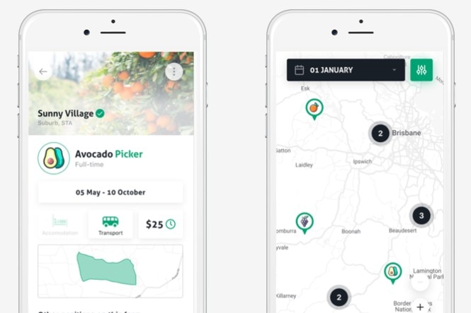 Screengrabs of an app showing locations on a map, 'Avocado picker' and a price of $25.