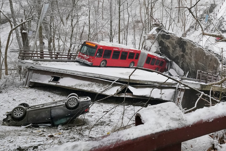cars on a collapsed bridge