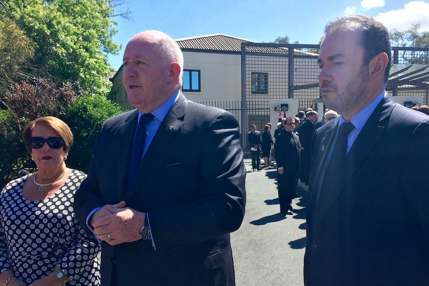 Governor-General Sir Peter Cosgrove and French Ambassador Christophe Lecourtier outside the French Embassy.
