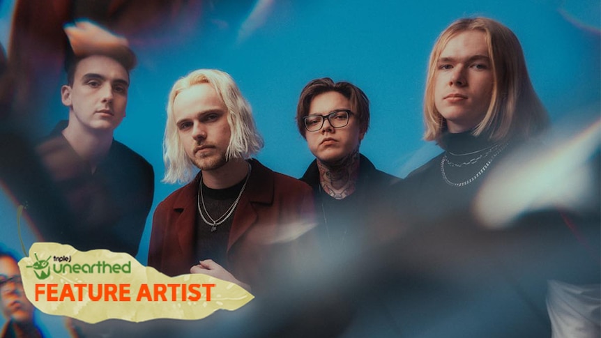 The four members of Headwreck stand in front of a blue background. There is a kaleidoscopic effect on the camera.