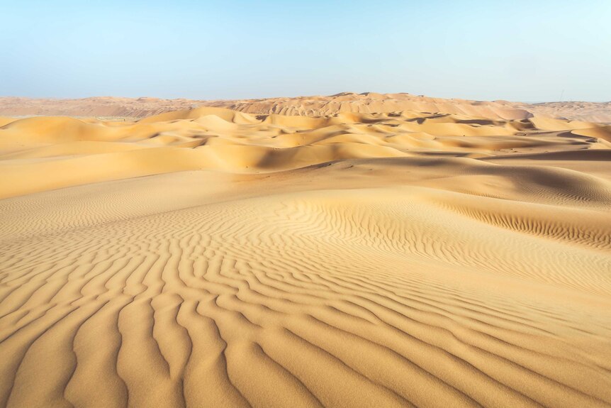 A desert-scape of close-ups of rippling sand and mountains of sand behind that, under a clear blue sky.