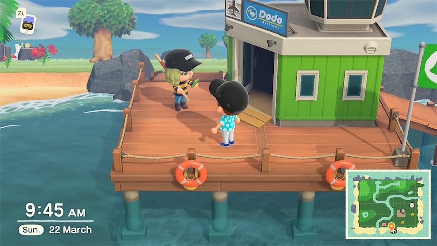 A screenshot of two villagers fishing in 2020 videogame Animal Crossing: New Horizons