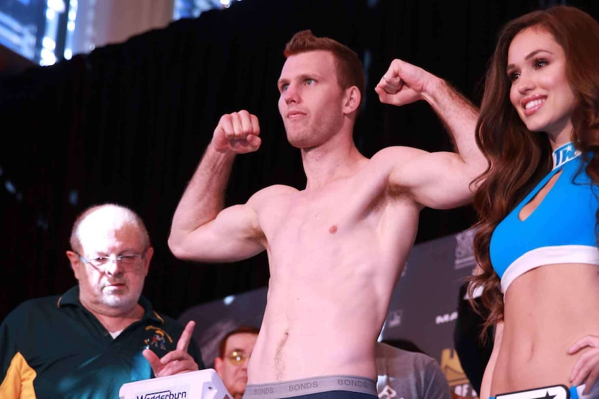 Jeff Horn registers correct weight at Saturday's weigh-in in Brisbane.