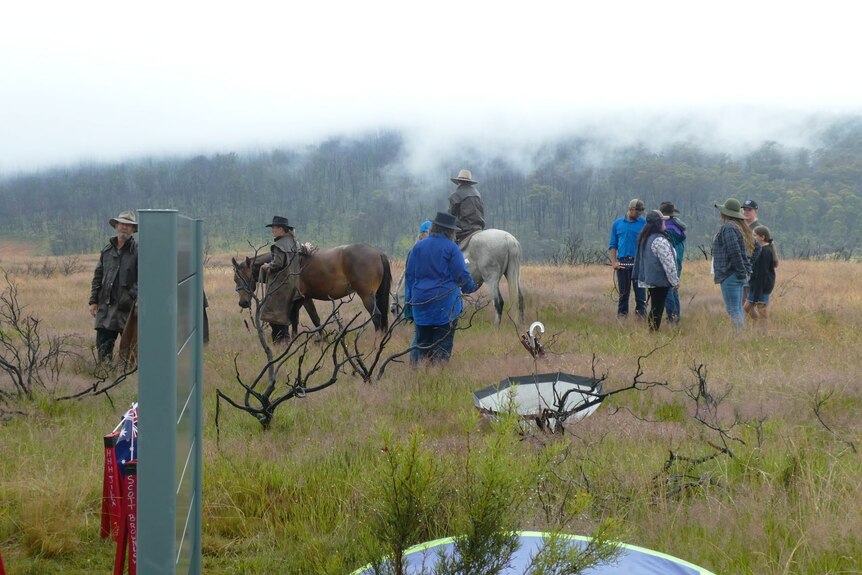 a group of people wearing drizabone jackets and hats on horses out in a national park
