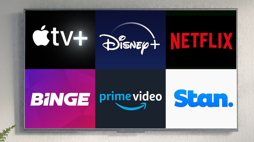 A wall-mounted TV with logos of streaming services like Netflix & Disney+ displayed on it. 