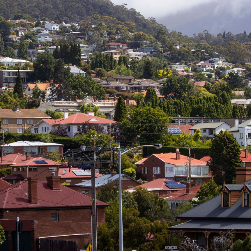 An aerial view of houses in Hobart, Tasmania.