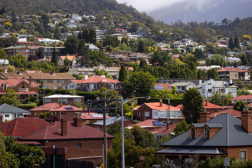 An aerial view of houses in Hobart, Tasmania.