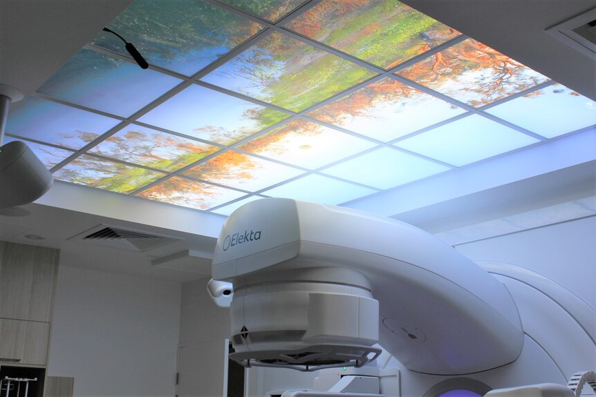 colourful mural of a river and bushlands above a large white medical machine.