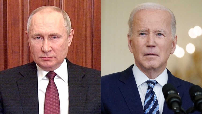 A composite of two images: one, left, showing Vladimir Putin. The other shows Joe Biden. 