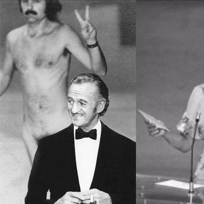 Composite Elizabeth Taylor laughs at streaker on stage