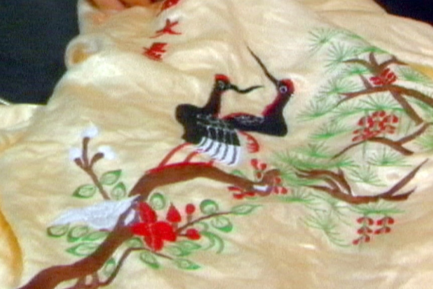 A close up picture of the kimono, with two birds and a tree embroidered on to it.