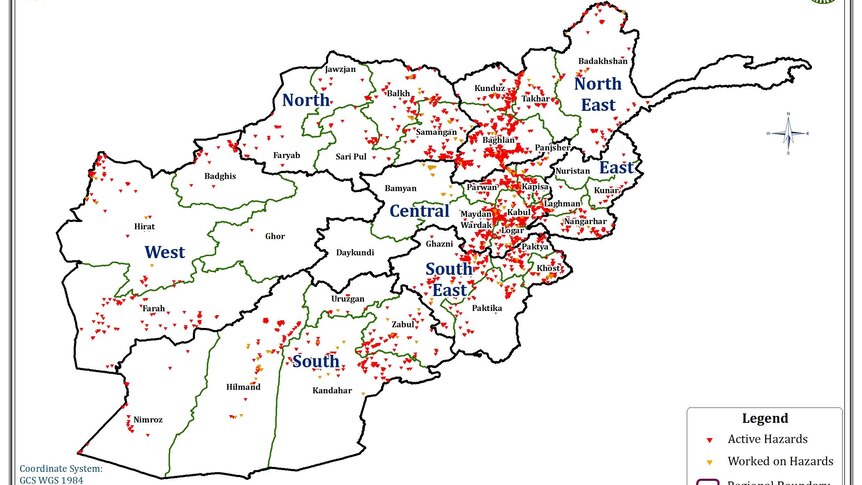 Map showing landmine hazard locations in Afghanistan