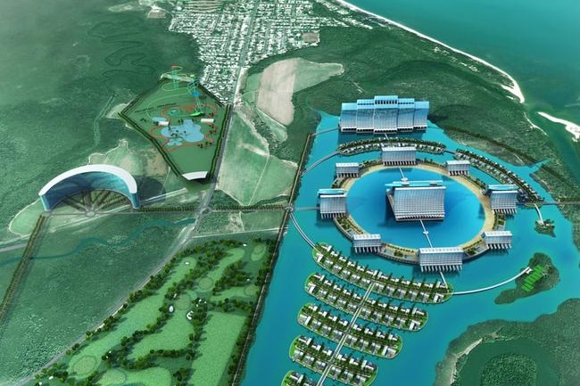 An artists impression of the Aquais casino and resort near Cairns, surrounded by water.