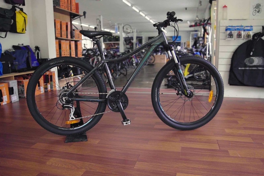 Dark blue mountain bike with thicker tyres and bigger frame for a story about what kind bike to get.