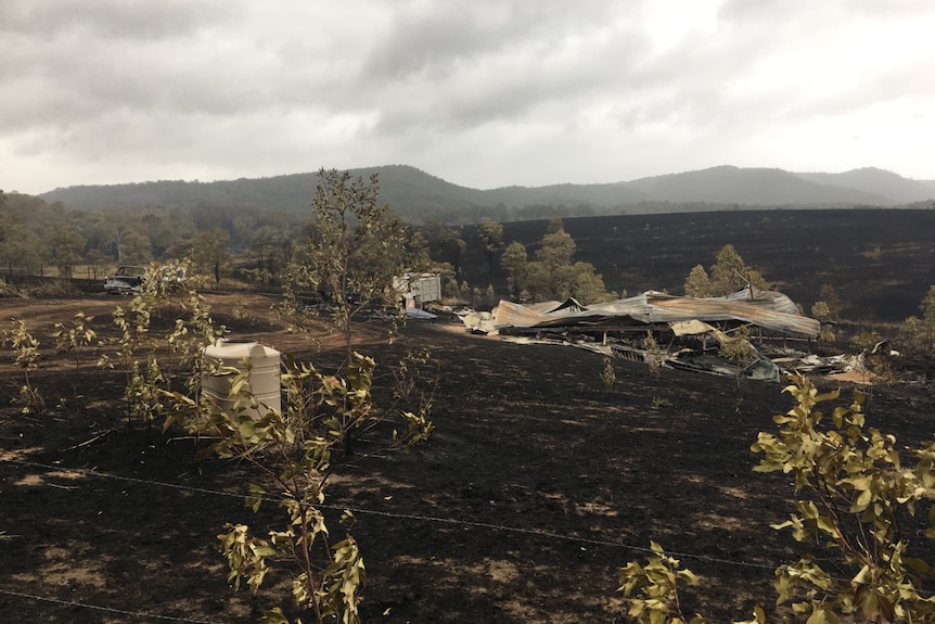 A property flattened by fire and surrounded by scorched land.