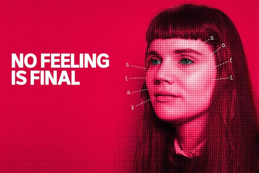 A picture of a woman with a red background and the words no feeling is final on the left.