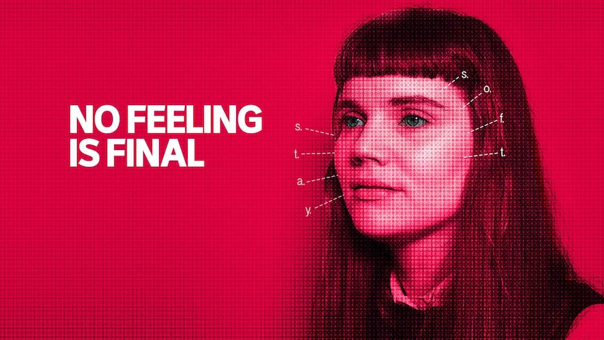 A picture of a woman with a red background and the words no feeling is final on the left.