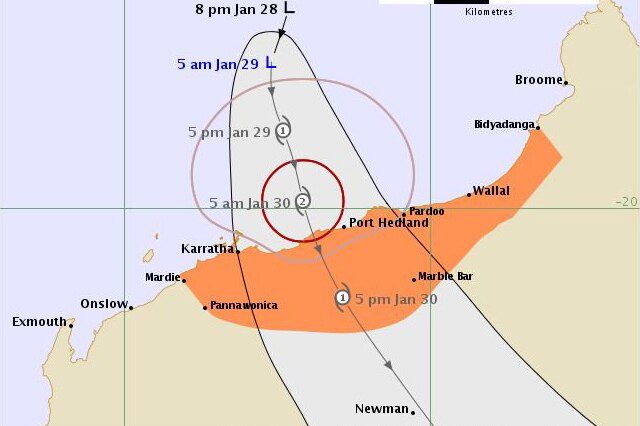 A map forecasting the course of a tropical low that is expected to turn into a category 2 cyclone off the Pilbara coast.