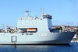 ADF Ship (now HMAS) Choules leaves the Falmouth Dockyard.