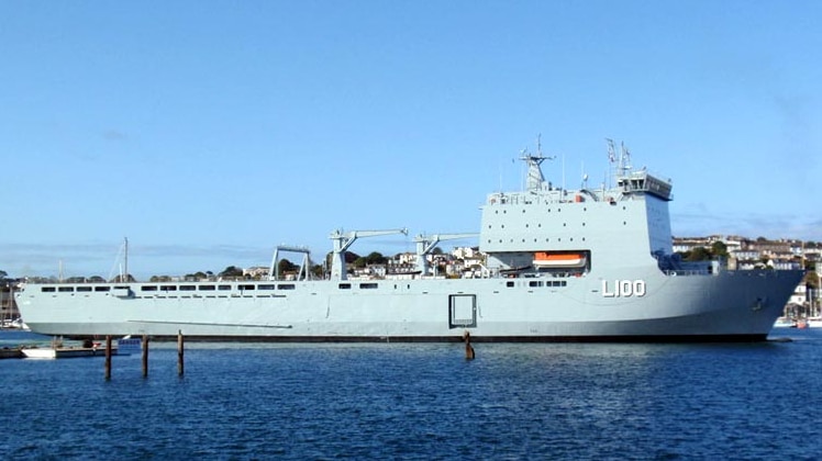 ADF Ship (now HMAS) Choules leaves the Falmouth Dockyard.