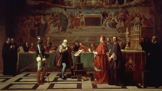 A 19th century painting of an old man in a large room surrounded by church leaders