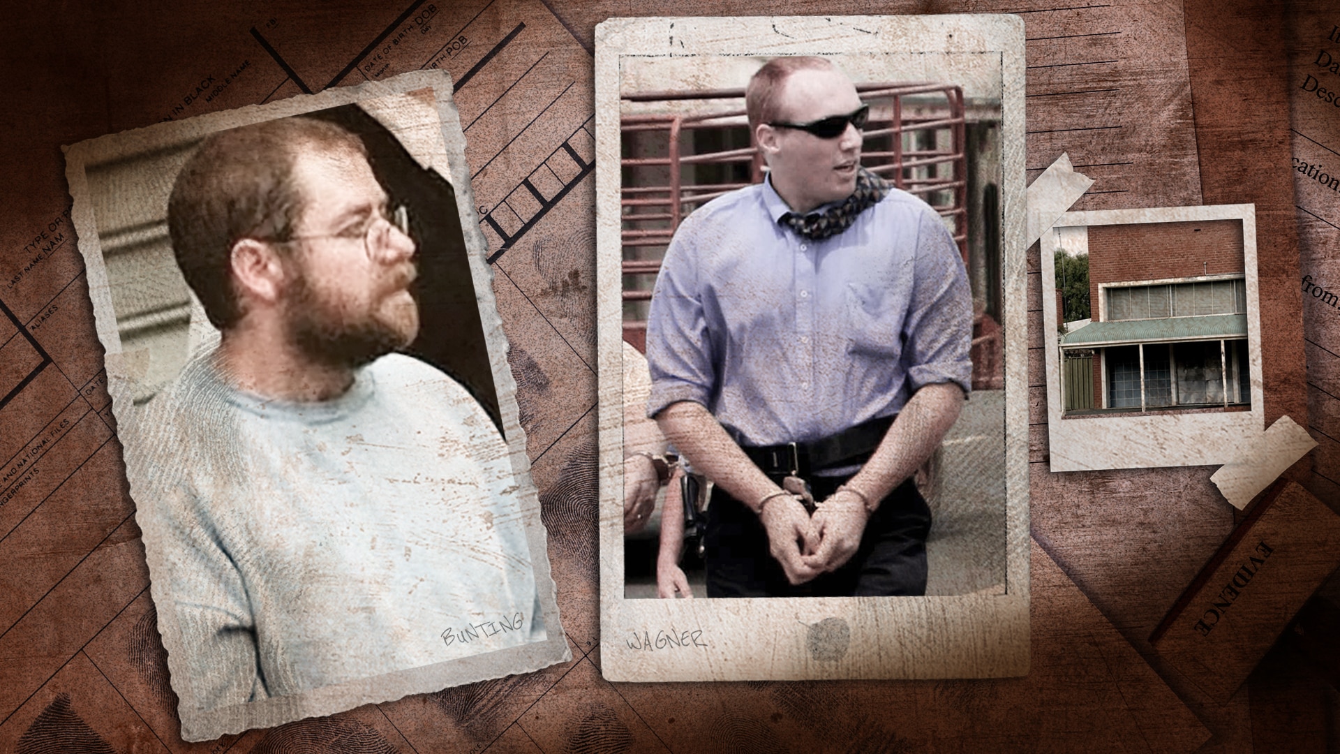 A man in a white tracksuit and a man in a blue shirt with handcuffs.
