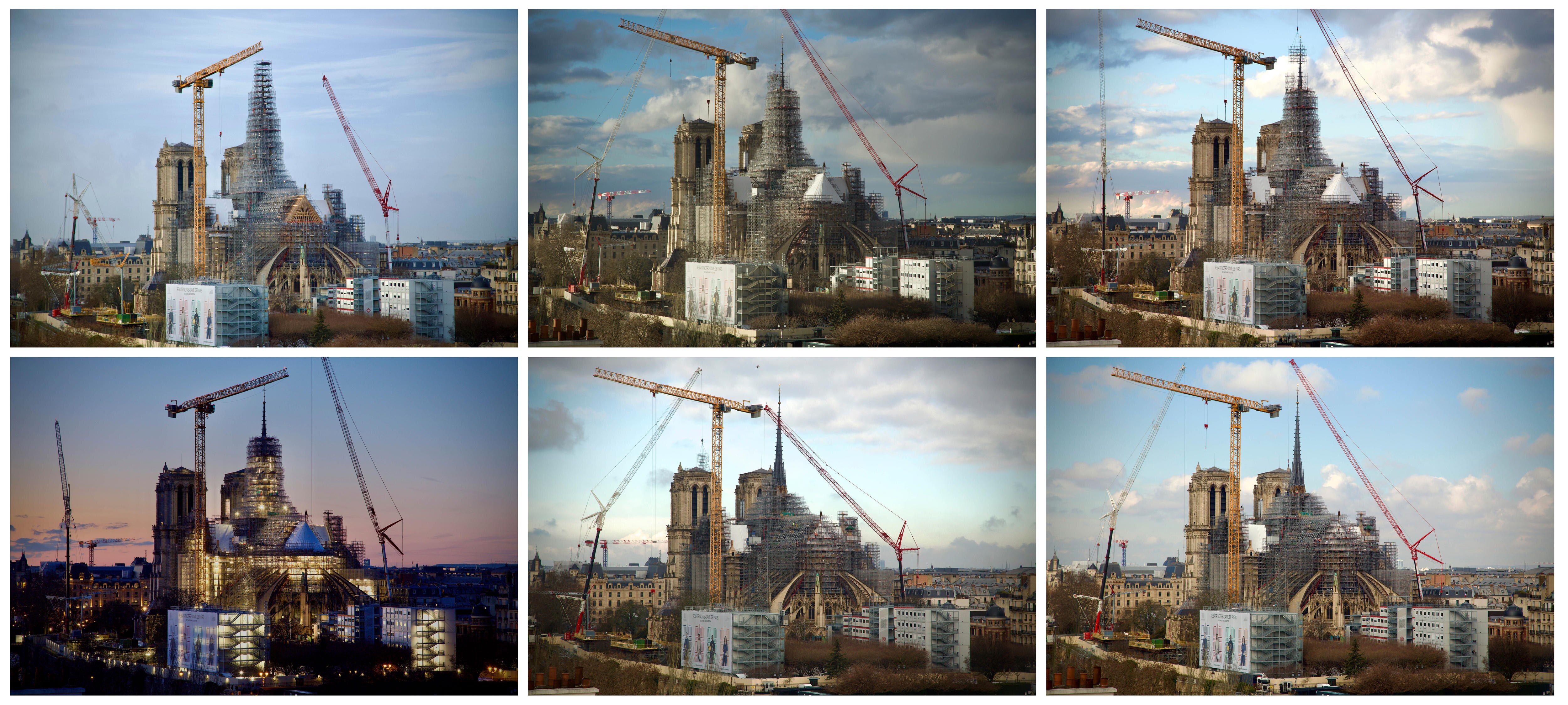 A grid of six photos of different stages of restoration with scaffolding and cranes surround an old cathedral