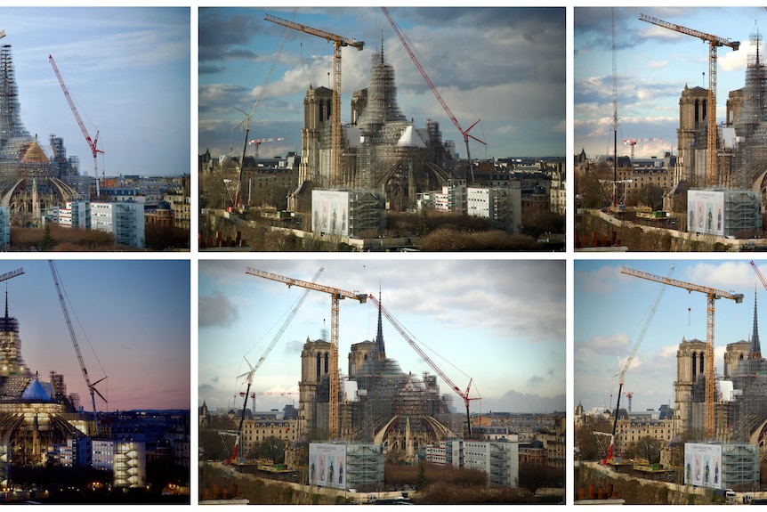 A grid of six photos of different stages of restoration with scaffolding and cranes surround an old cathedral