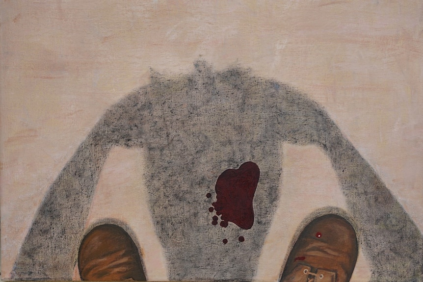 An acrylic painting of a splash of blood between two feet.