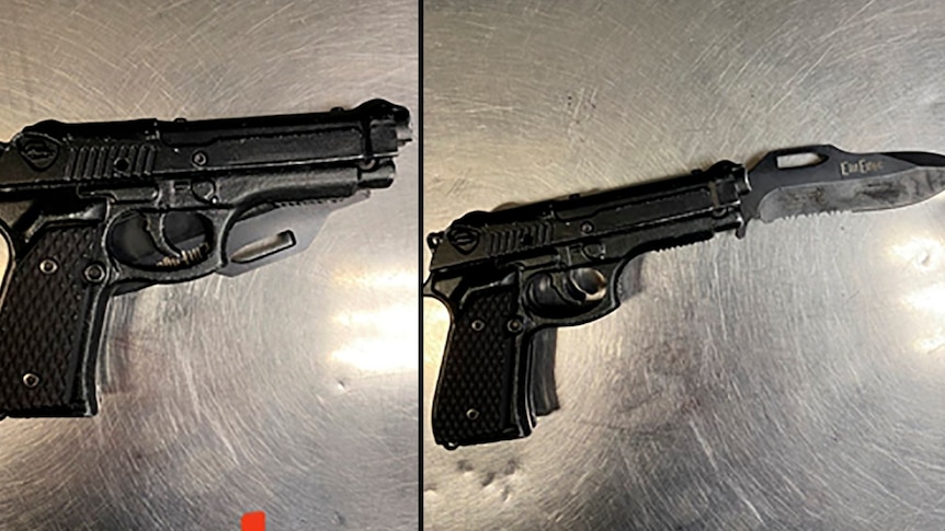 A composite image shows a handgun with a blade folded in on the left, and folded out on the right
