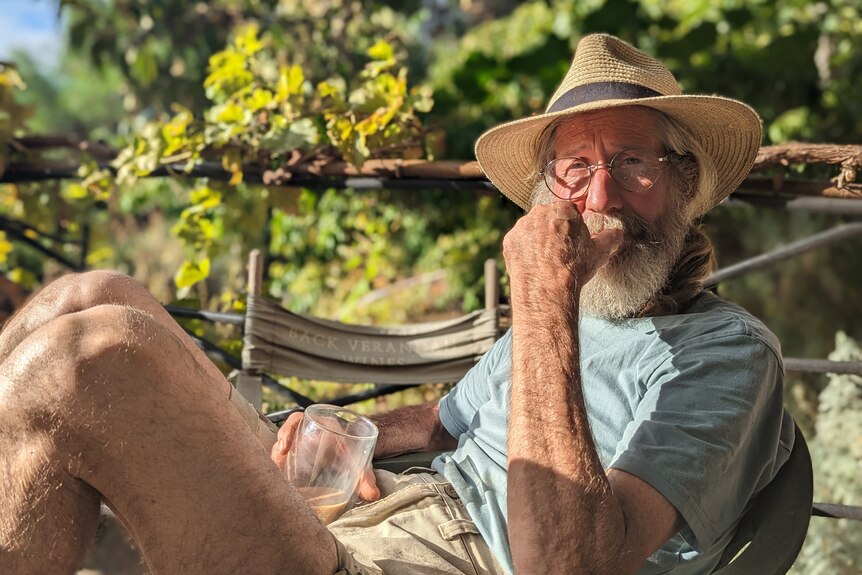 A grey-bearded man wearing a straw hat sits in golden sun with his knees up as grape vines trelise behind.