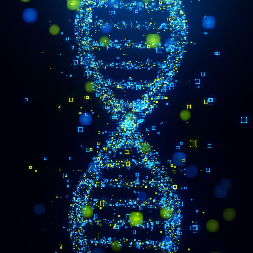 Artwork of a double helix DNA strand represented by blue and green pixels. 