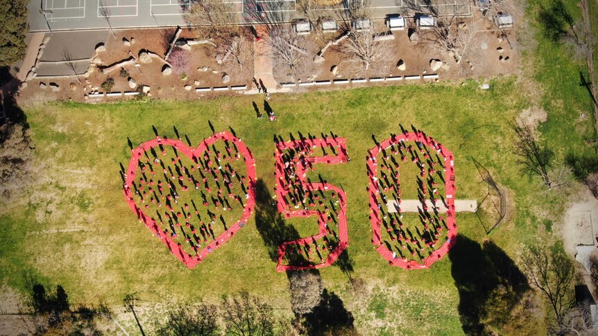 An aerial photo of a big heart and number 50 made by students.