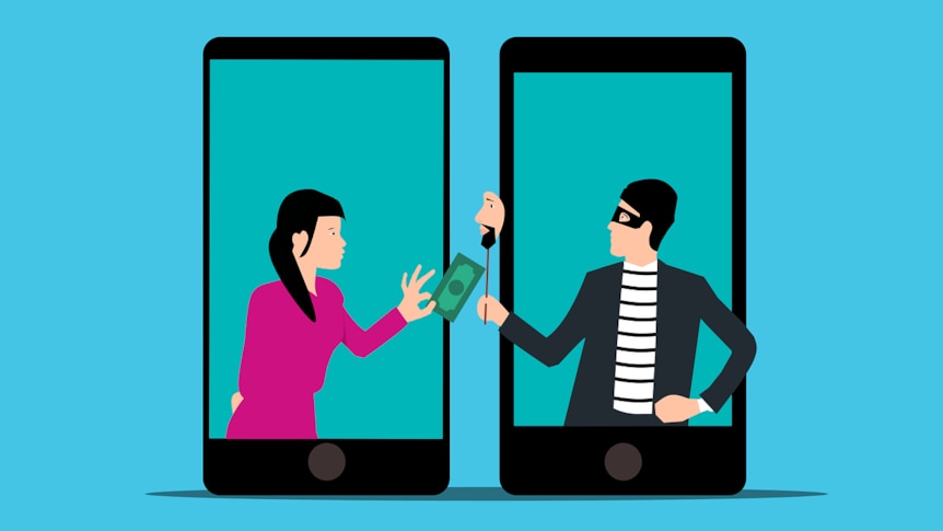 A man and a woman stand inside mobile phones. A man is holding a mask, pretending to be someone else.