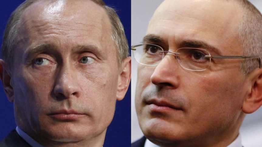 A composite image of Vladimir Putina nd Mikhail Khodorkovsky