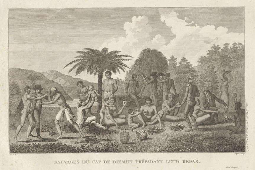 a black and white engraving of a group of aboriginal people and french expeditioners 