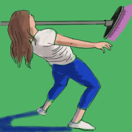 An illustration shows a woman bending to fir underneath a broom.