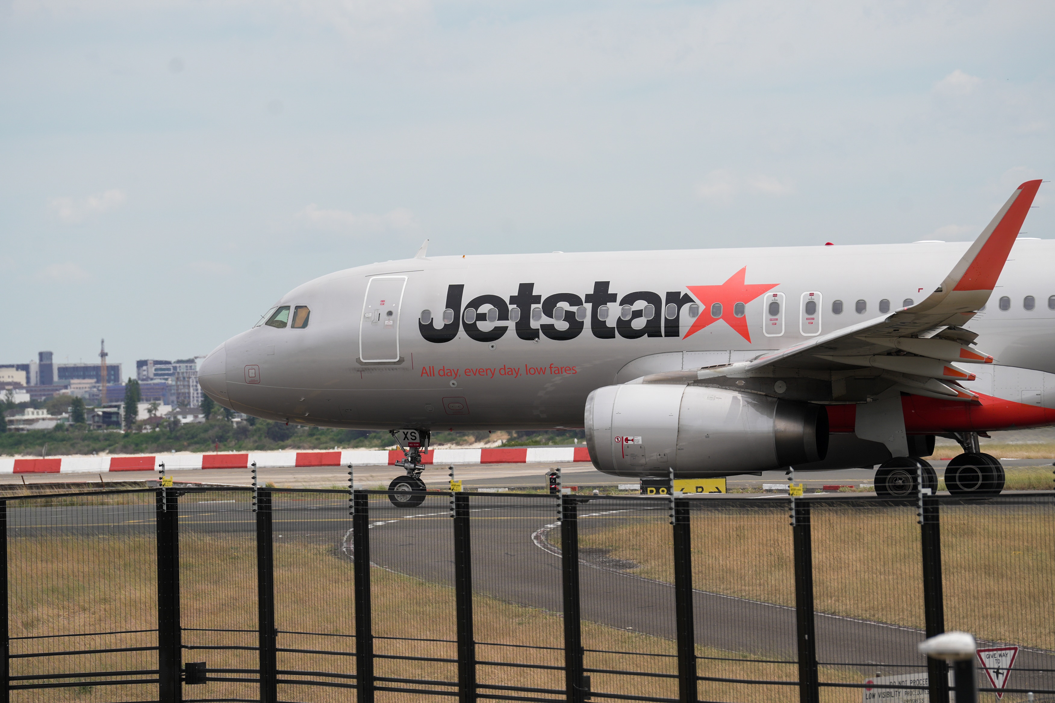 A Jetstar plane grounded at Sydney Airport.